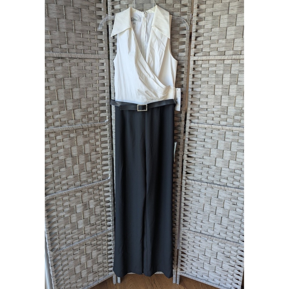 Vtg 90s Deadstock Patra Jumpsuit Black White Rhinestone Belt Wide Leg Womens 10